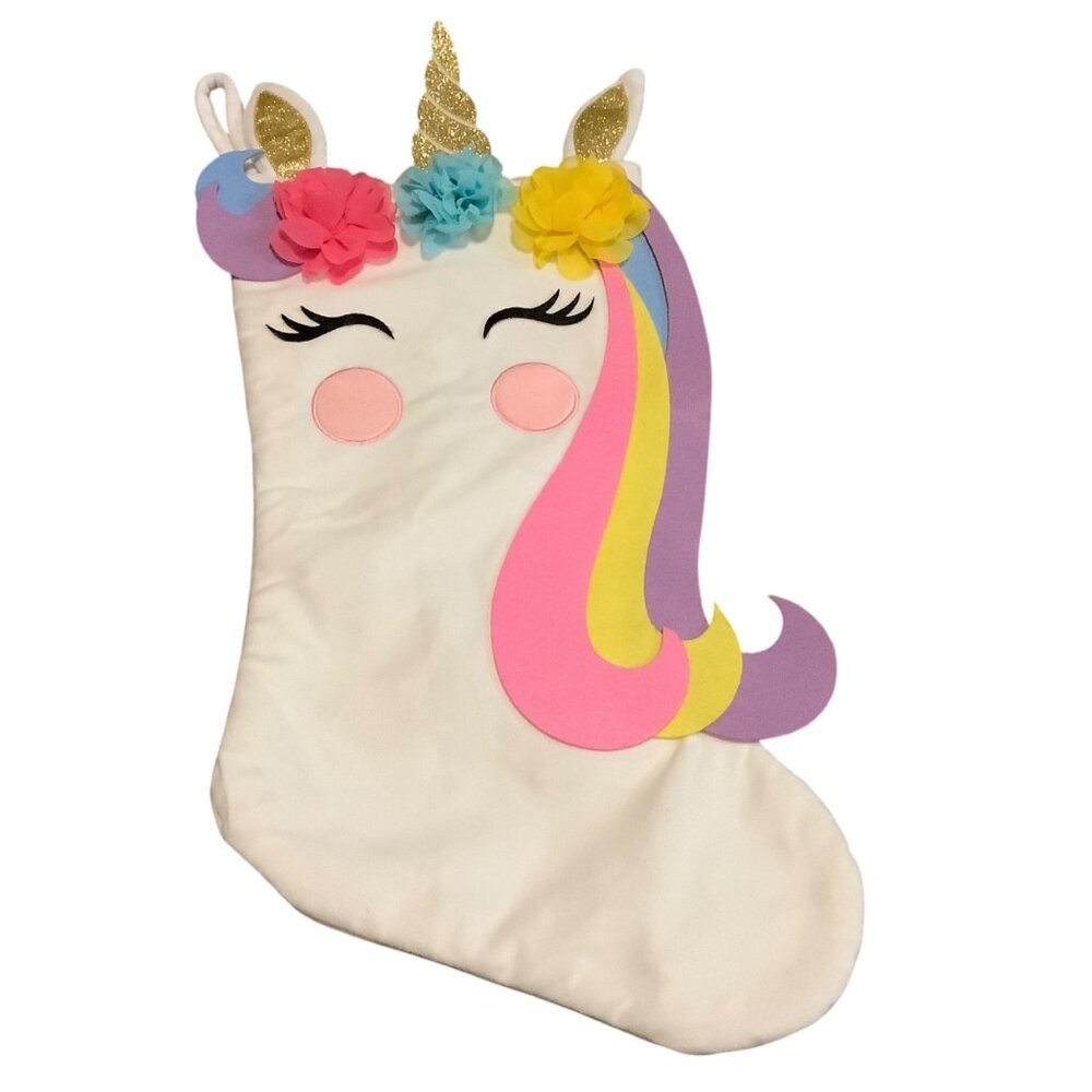 Unicorn Christmas Stocking With Multicolor Mane &‎ Flowers  22” Hobby Lobby